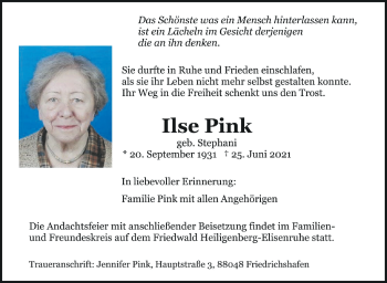 Anzeige von Ilse Pink von Schwäbische Zeitung