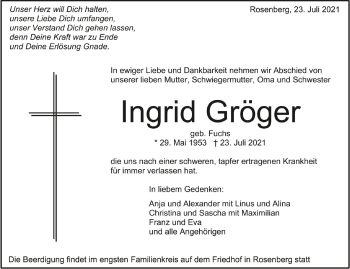 Anzeige von Ingrid Gröger von Schwäbische Zeitung