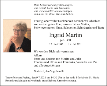 Anzeige von Ingrid Martin von Schwäbische Zeitung