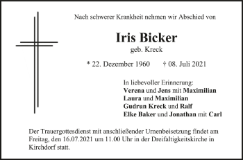 Anzeige von Iris Bicker von Schwäbische Zeitung