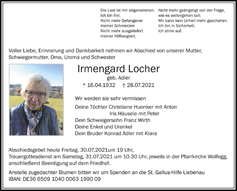  Traueranzeige für Irmengard Locher vom 30.07.2021 aus Schwäbische Zeitung