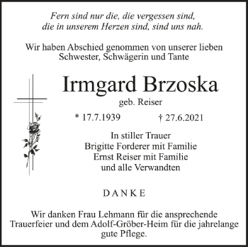 Anzeige von Irmgard Brzoska von Schwäbische Zeitung
