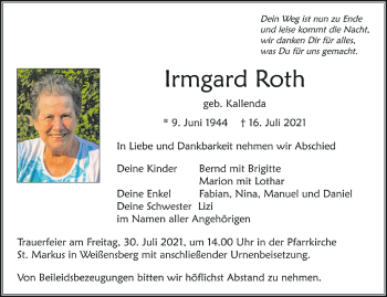 Anzeige von Irmgard Roth von Schwäbische Zeitung