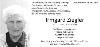 Anzeige von Irmgard Ziegler von Schwäbische Zeitung