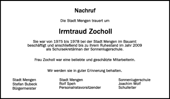Anzeige von Irmtraud Zocholl von Schwäbische Zeitung