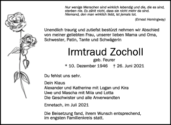 Anzeige von Irmtraud Zocholl von Schwäbische Zeitung