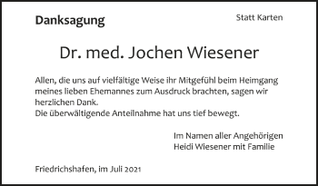 Anzeige von Jochen Wiesener von Schwäbische Zeitung