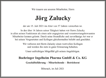 Anzeige von Jörg Zalucky von Schwäbische Zeitung