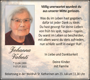 Anzeige von Johanna Valenti von Schwäbische Zeitung