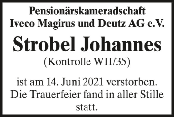 Anzeige von Johannes Strobel von Schwäbische Zeitung