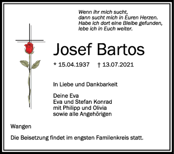 Anzeige von Josef Barlos von Schwäbische Zeitung