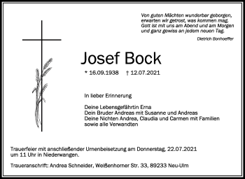 Anzeige von Josef Bock von Schwäbische Zeitung