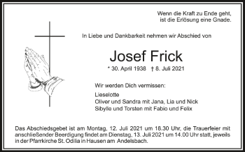 Anzeige von Josef Frick von Schwäbische Zeitung