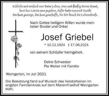 Anzeige von Josef Griebel von Schwäbische Zeitung