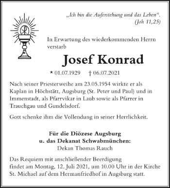 Anzeige von Josef Konrad von Schwäbische Zeitung