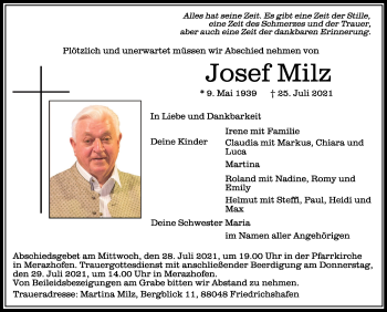 Anzeige von Josef Milz von Schwäbische Zeitung