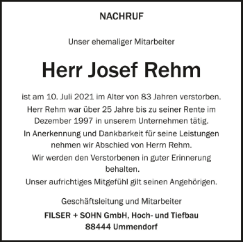 Anzeige von Josef Rehm von Schwäbische Zeitung