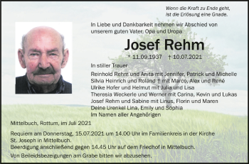 Anzeige von Josef Rehm von Schwäbische Zeitung