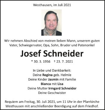 Anzeige von Josef Schneider von Schwäbische Zeitung