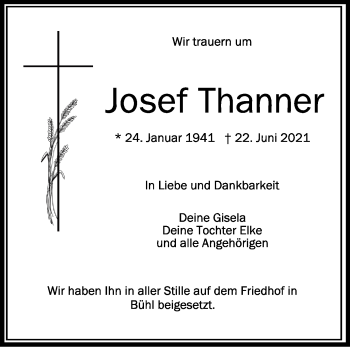 Anzeige von Josef Thanner von Schwäbische Zeitung