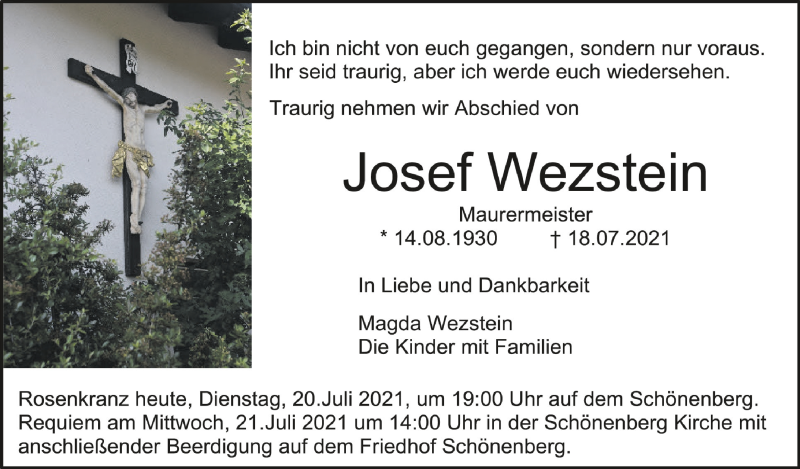  Traueranzeige für Josef Wezstein vom 20.07.2021 aus Schwäbische Zeitung