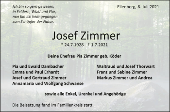 Anzeige von Josef Zimmer von Schwäbische Zeitung