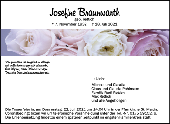 Anzeige von Josefine Braunwarth von Schwäbische Zeitung