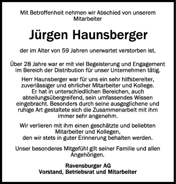 Anzeige von Jürgen Haunsberger von Schwäbische Zeitung
