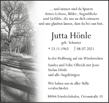 Anzeige von Jutta Hönle von Schwäbische Zeitung