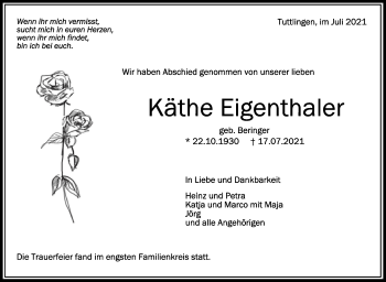 Anzeige von Käthe Eigenthaler von Schwäbische Zeitung