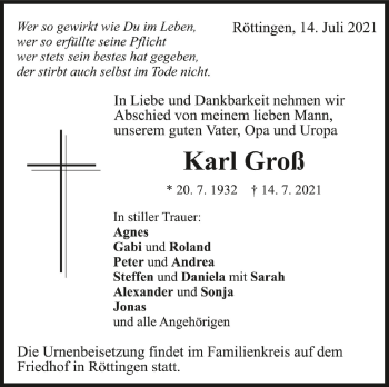 Anzeige von Karl Groß von Schwäbische Zeitung
