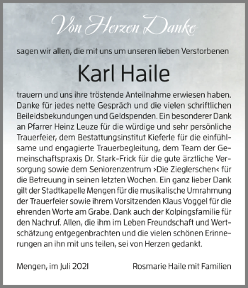 Anzeige von Karl Haile von Schwäbische Zeitung