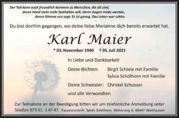 Anzeige von Karl Maier von Schwäbische Zeitung