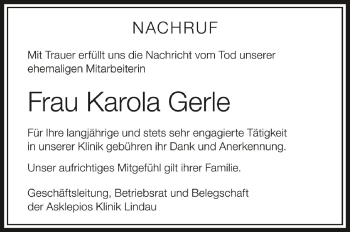 Anzeige von Karola Gerle von Schwäbische Zeitung