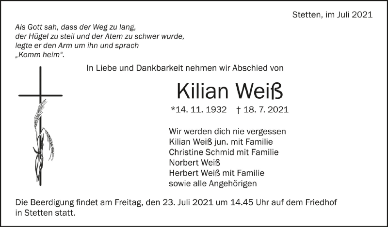  Traueranzeige für Kilian Weiß vom 21.07.2021 aus Schwäbische Zeitung