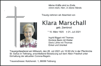 Anzeige von Klara Marschall von Schwäbische Zeitung