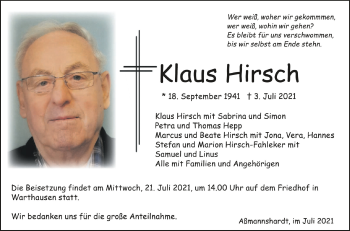 Anzeige von Klaus Hirsch von Schwäbische Zeitung