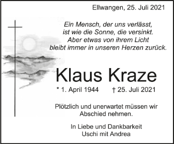 Anzeige von Klaus Kraze von Schwäbische Zeitung