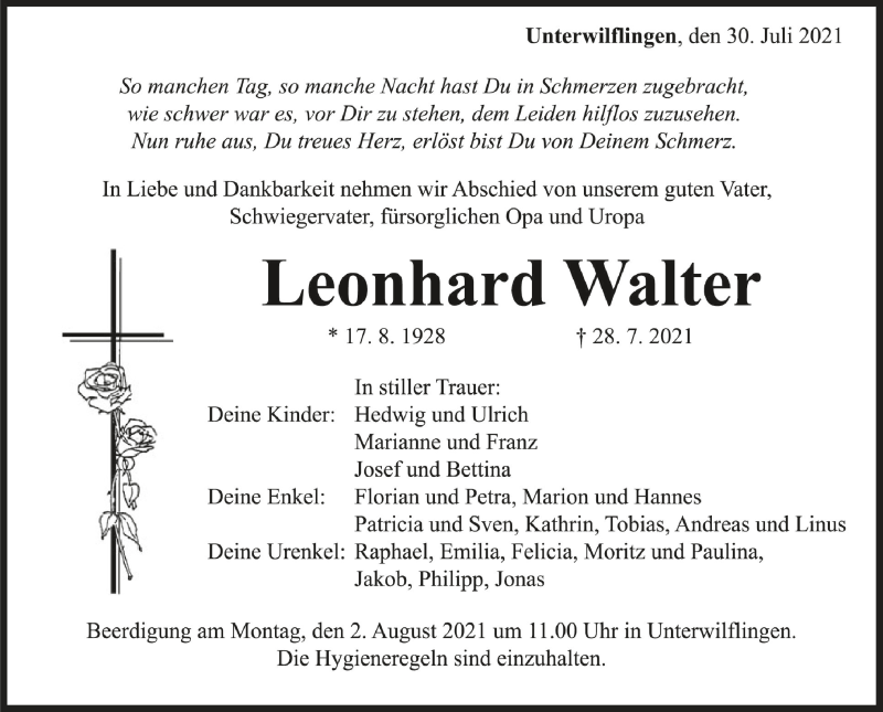  Traueranzeige für Leonhard Walter vom 30.07.2021 aus Schwäbische Zeitung