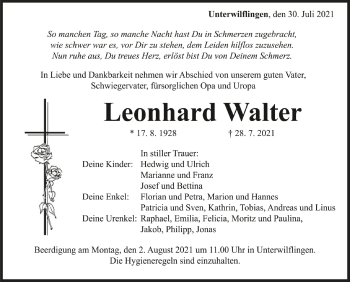Anzeige von Leonhard Walter von Schwäbische Zeitung