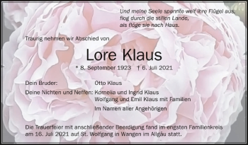 Anzeige von Lore Klaus von Schwäbische Zeitung