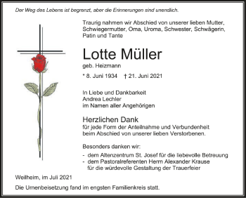 Anzeige von Lotte Müller von Schwäbische Zeitung