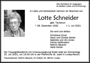 Anzeige von Lotte Schneider von Schwäbische Zeitung