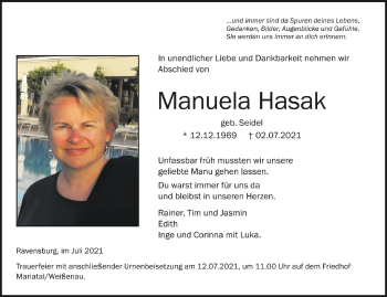 Anzeige von Manuela Hasak von Schwäbische Zeitung