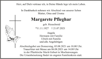 Anzeige von Margarete Pfleghar von Schwäbische Zeitung
