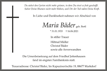 Anzeige von Maria Bäder von Schwäbische Zeitung