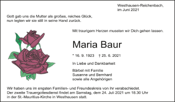 Anzeige von Maria Baur von Schwäbische Zeitung