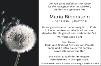 Anzeige von Maria Biberstein von Schwäbische Zeitung