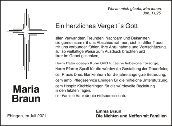 Anzeige von Maria Braun von Schwäbische Zeitung