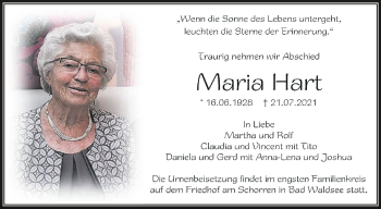 Anzeige von Maria Hart von Schwäbische Zeitung